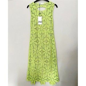 ZARA BNWT LIGHT GREEN MACRAMÉ CROCHET KNIT MIDI DRESS SIZE M